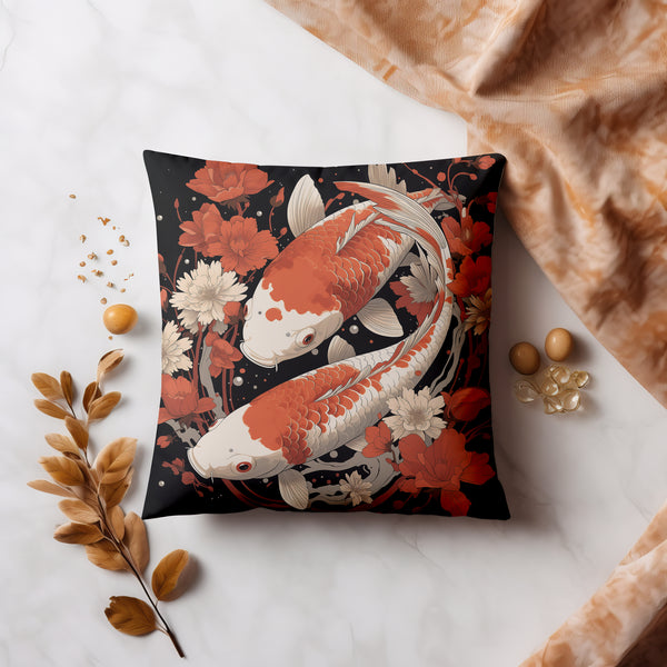 Japanese Red and White Koi Fish Cushion Cover