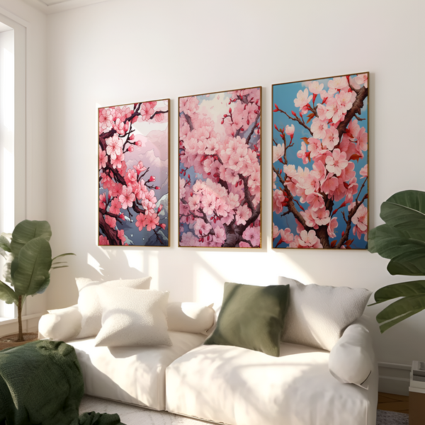 Set of 3 Poster Prints of Pink Cherry Blossoms (Unframed)