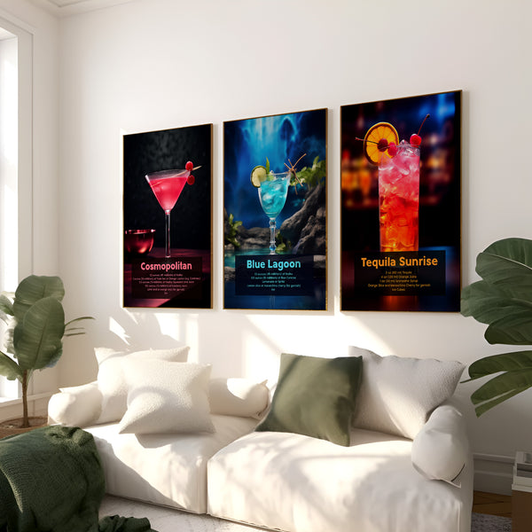 Set of 3 Cocktail Art Posters - Tequila Sunrise, Blue Lagoon, Cosmopolitan (Unframed)