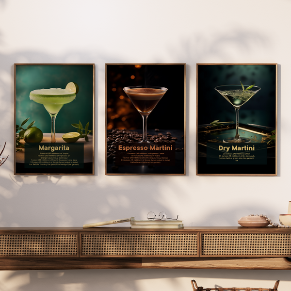 Set of 3 Cocktail Art Posters - Espresso Martini, Margarita, Dry Martini (Unframed)