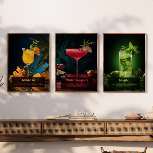 Set of 3 Cocktail Art Posters - Mojito, Mimosa, Pink Daiquiri (Unframed)