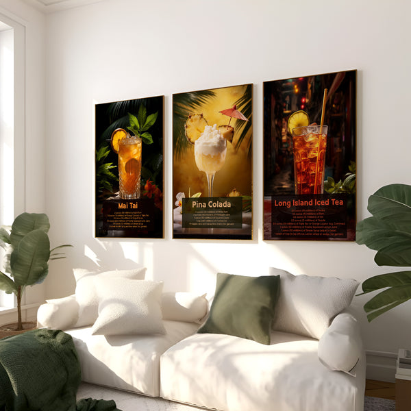 Set of 3 Cocktail Art Posters - Pina Colada, Mai Tai, Long Island Iced Tea (Unframed)