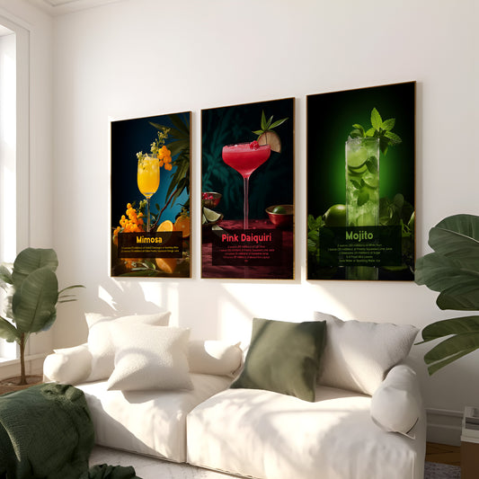 Set of 3 Cocktail Art Posters - Mojito, Mimosa, Pink Daiquiri (Unframed)