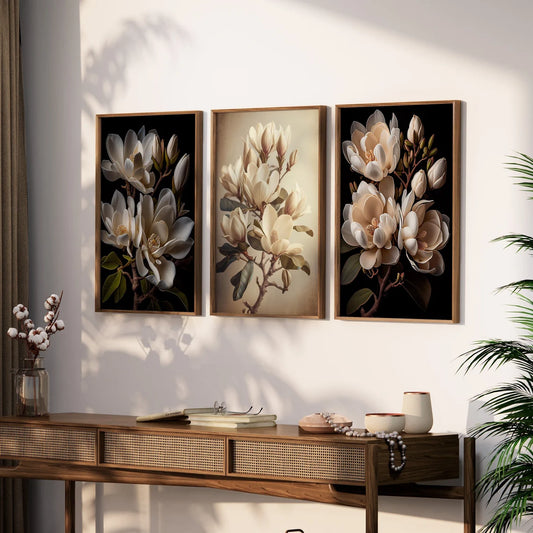 Set of 3 White Magnolia Flowers (Unframed)