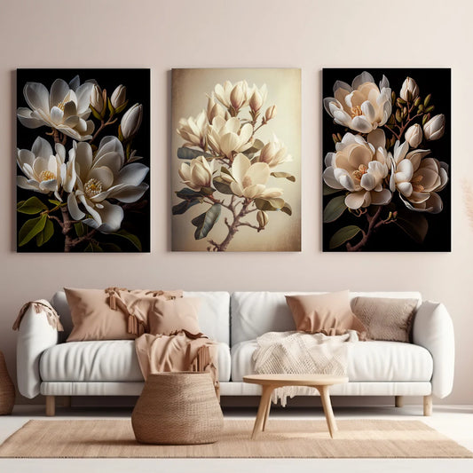 Set of 3 White Magnolia Flowers (Unframed)