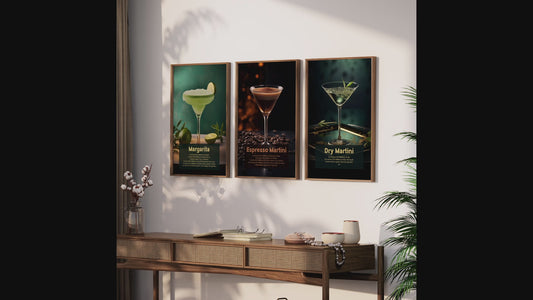 Set of 3 Cocktail Art Posters - Espresso Martini, Margarita, Dry Martini (Unframed)